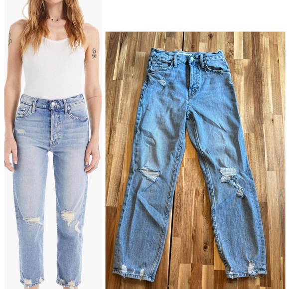 Mother The Tomcat Jeans The Confession High Rise Distressed Straight Leg Size 25